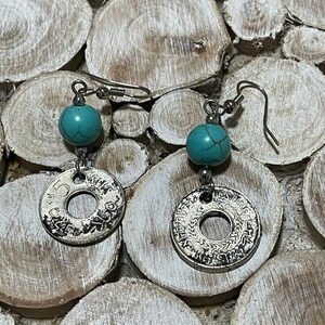 Handmade earring from a very old palestinian coin with circles of natural stones image 4