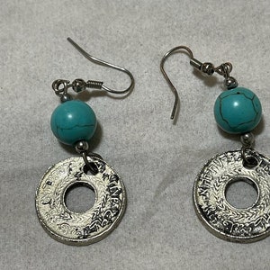 Handmade earring from a very old palestinian coin with circles of natural stones image 5