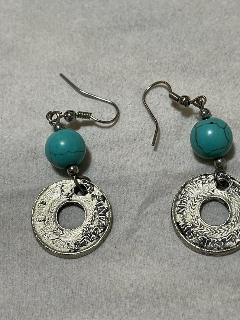 Handmade earring from a very old palestinian coin with circles of natural stones image 5