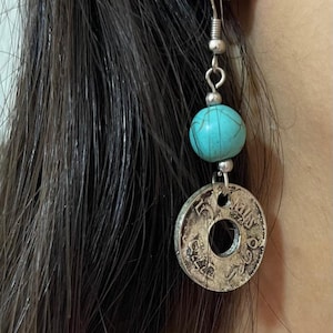 Handmade earring from a very old palestinian coin with circles of natural stones image 1