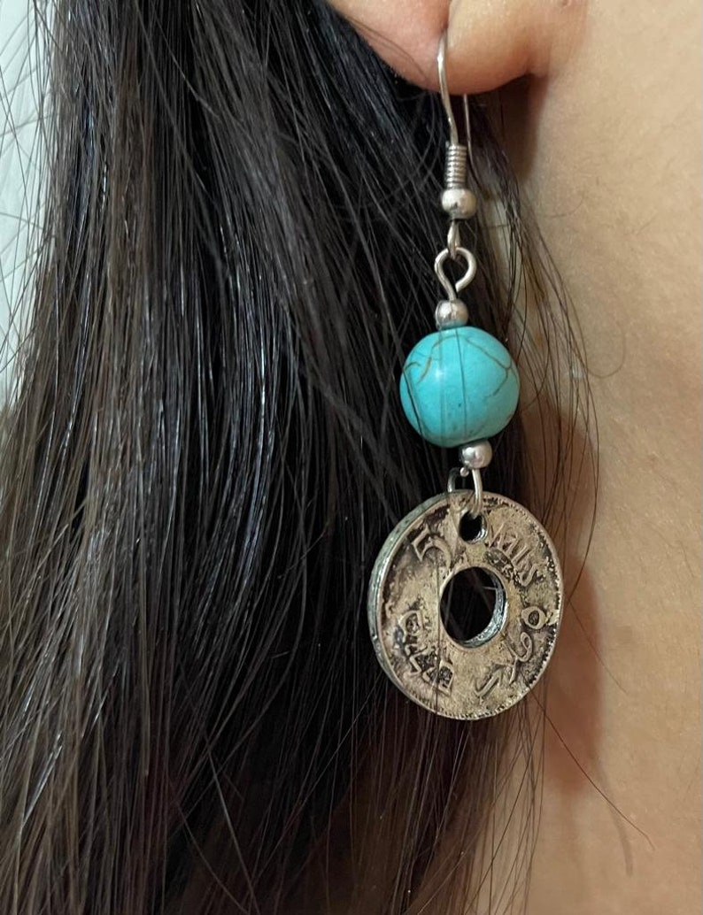 Handmade earring from a very old palestinian coin with circles of natural stones image 1