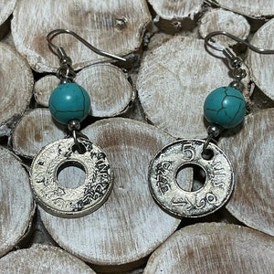 Handmade earring from a very old palestinian coin with circles of natural stones image 2