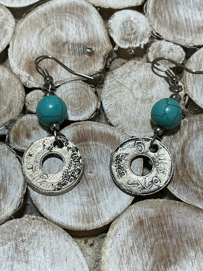 Handmade earring from a very old palestinian coin with circles of natural stones image 2