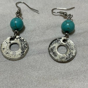 Handmade earring from a very old palestinian coin with circles of natural stones image 8