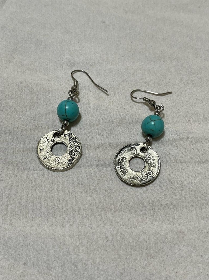 Handmade earring from a very old palestinian coin with circles of natural stones image 7