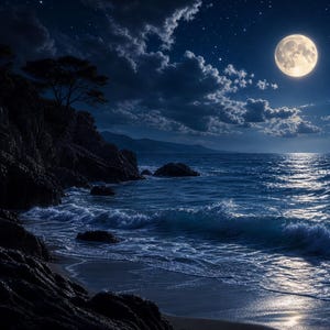 May include: A night scene featuring a full moon glowing in a dark blue sky filled with stars above a turbulent ocean. Waves crash onto a sandy beach with dark rocky cliffs on the left side, illuminated by the bright moonlight reflecting on water.