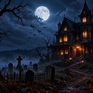 May include: A dark, multi-story Victorian house with glowing yellow windows sits behind a wrought iron fence. A graveyard with stone markers, carved jack-o'-lanterns, two black cats, and a full moon in a cloudy night sky complete the scene.