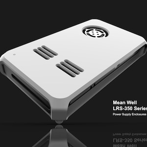 May include: A white and grey power supply enclosure with a vent and three horizontal slots. The product is labelled "Mean Well LRS-350 Series Power Supply Enclosures" on a black background.
