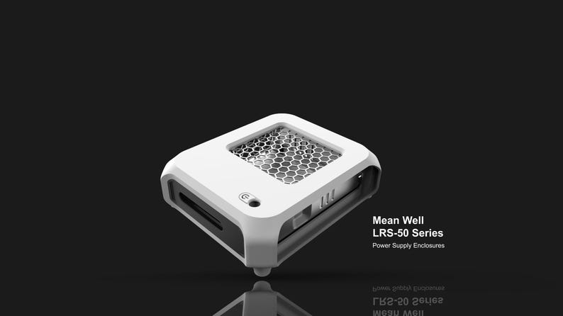 Peut inclure: Un bo&icirc;tier d'alimentation blanc et noir de la s&eacute;rie Mean Well LRS-50. L'appareil poss&egrave;de un &eacute;vent en nid d'abeille et un bouton d'alimentation. Le texte sur l'image indique "Mean Well LRS-50 Series Power Supply Enclosures."
