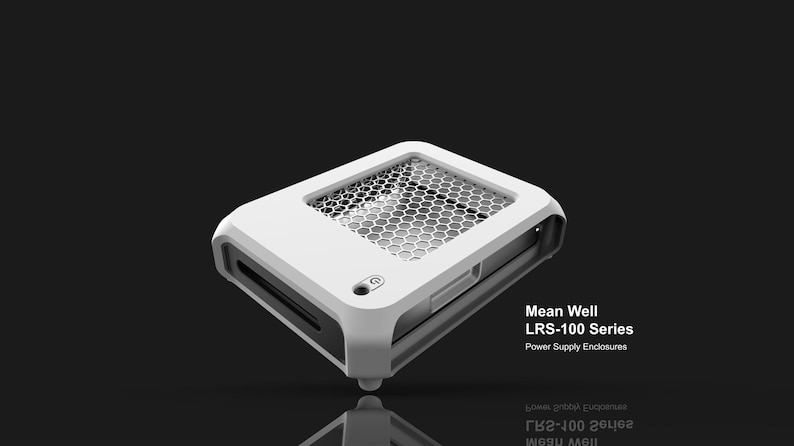 Op de afbeelding: Een wit en grijs Mean Well LRS-100 Series voedingbehuizing. Het apparaat heeft een honingraat mesh bovenkant en een strak, modern design. Het product staat tegen een donkere achtergrond.