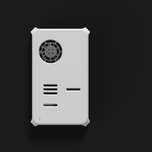 May include: A white rectangular device with a circular fan-like design at the top and a series of horizontal lines and slots. The device has a minimalist design with rounded corners and is set against a black background.