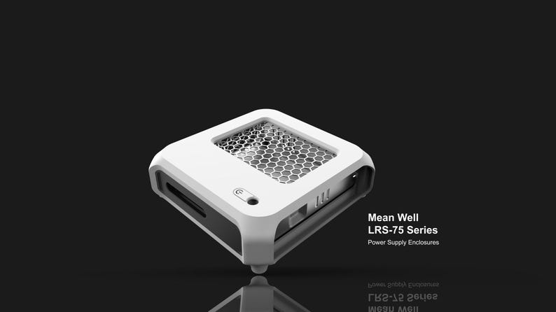 K&ouml;nnte beinhalten: Ein wei&szlig;-graues Mean Well LRS-75 Series Netzteilgeh&auml;use. Das Ger&auml;t hat ein Wabenmustergitter auf der Oberseite und einen Power-Knopf. Der Text "Mean Well LRS-75 Series Power Supply Enclosures" ist sichtbar.