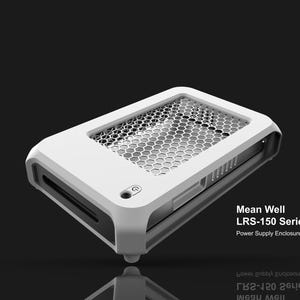 May include: White Mean Well LRS-150 Series power supply enclosure with a honeycomb mesh top. The device has a sleek, modern design with rounded corners and a small power button. The text "Mean Well LRS-150 Series Power Supply Enclosures" is visible.