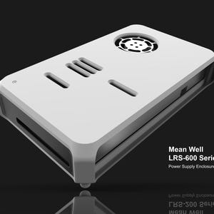 May include: A white power supply enclosure with a fan, vents, and the text "Mean Well LRS-600 Series Power Supply Enclosures." The enclosure has a rectangular shape with rounded edges and is set against a dark background.