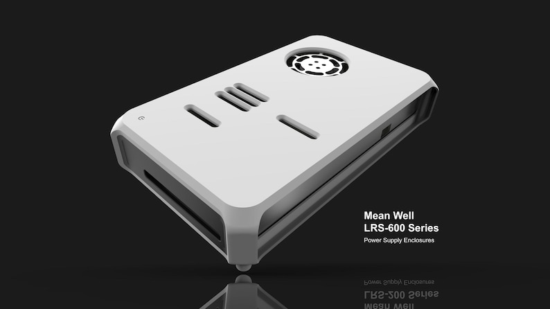 May include: A white power supply enclosure with a fan, vents, and the text "Mean Well LRS-600 Series Power Supply Enclosures." The enclosure has a rectangular shape with rounded edges and is set against a dark background.