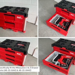 May include: Red and black Milwaukee Packout tool storage system with two drawers. The drawers are open in some images, revealing a red power tool and battery. The text on the image reads: Inserts specifically fit the Milwaukee 2 & 3 Drawer units (48-22-8443 & 48-22-8442).