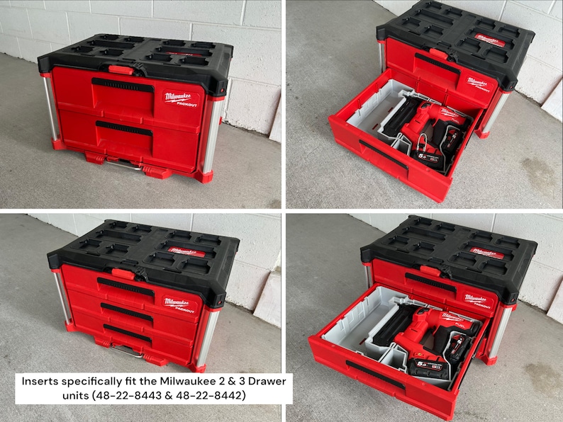 May include: Red and black Milwaukee Packout tool storage system with two drawers. The drawers are open in some images, revealing a red power tool and battery. The text on the image reads: Inserts specifically fit the Milwaukee 2 & 3 Drawer units (48-22-8443 & 48-22-8442).
