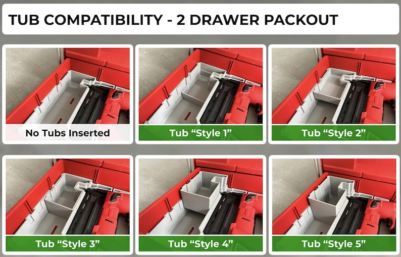 May include: Image showing the compatibility of different tub styles with a 2-drawer packout. The text reads "TUB COMPATIBILITY - 2 DRAWER PACKOUT". Six images show the packout with and without tubs inserted, labeled "No Tubs Inserted" and "Tub Style 1" through "Style 5".