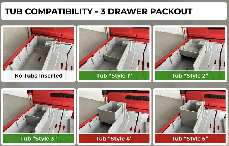 May include: Image showing the compatibility of different tub styles within a red and gray 3-drawer packout. The text "TUB COMPATIBILITY - 3 DRAWER PACKOUT" is at the top. The image displays various configurations, including "No Tubs Inserted" and "Tub Style 1" through "Tub Style 5".