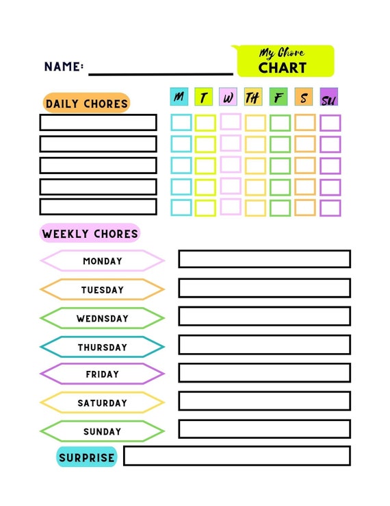 Printable Kids Chore Chart Kids Chore Planner | Etsy