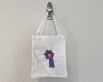Sac fourre-tout en toile brodée d'autruche - Violet et bleu