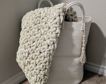 Splotchy White and Tan Chunky Baby Blanket - Handcrafted Crochet Baby Blanket