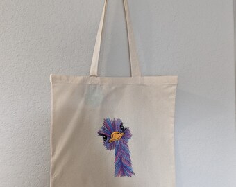 Sac fourre-tout en toile brodée d'autruche - rose, bleu et violet