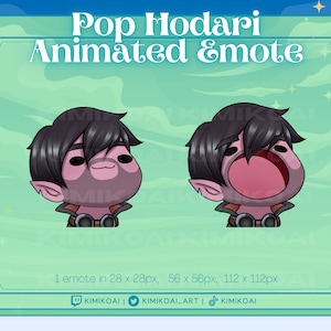 May include: Animated emote of a purple-skinned character with black hair and brown eyes. The character is wearing a brown jacket with goggles and has pointed ears. The emote is available in three sizes: 28 x 28 pixels, 56 x 56 pixels, and 112 x 112 pixels.