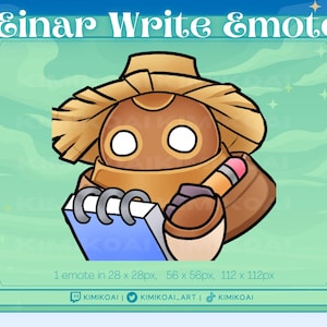 May include: A cartoon character wearing a brown hat and holding a blue notebook and a pencil. The character has large brown eyes and a brown body. The background is a light green color with white clouds.