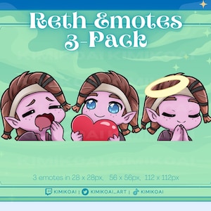 May include: Three animated emotes featuring a pink-skinned character with brown hair and elf ears. The emotes are in different poses: one is crying, one is holding a heart, and one is praying with a halo above their head. The text "Reth Emotes 3-Pack" is at the top of the image. The text "3 emotes in 28 x 28px, 56 x 56px, 112 x 112px" is at the bottom of the image. The text "KIMIKOAI KIMIKOAI_ART | ΚΙΜΙΚΟΑΙ" is also at the bottom of the image.