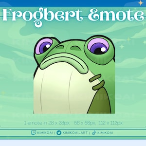 May include: A green frog with purple eyes and a sad expression. The frog is looking down and has a light green background. The text "Frogbert Emote" is at the top of the image.