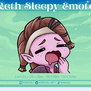 May include: A pink cartoon character with brown hair and elf ears is yawning with their mouth open and drool coming out. The character is wearing a brown headband and a dark purple shirt. The background is a light green and blue gradient with white stars.