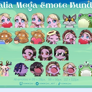 May include: A set of 20 digital emotes for the online game Palia. The emotes feature various characters and creatures from the game, including a frog, a wolf, and a deer. The emotes are available in three sizes: 28x28 pixels, 56x56 pixels, and 112x112 pixels.