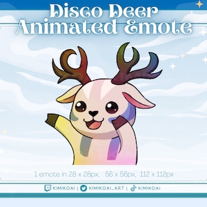 May include: Animated emoji of a rainbow-colored deer with large eyes and a happy expression. The deer is waving with its right paw and has a white background.
