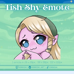 Peut inclure: Une illustration de dessin animé d'un personnage à la peau rose avec des cheveux blonds et des oreilles d'elfe vertes. Le personnage rougit et a les mains jointes devant son visage. L'image est intitulée "Tish Shy &mote" et comprend le texte "1 emote in 28 x 28px, 56 x 56px, 112 x 112px" et les poignées de médias sociaux pour KIMIKOAI.