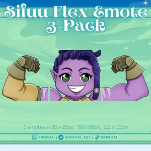 May include: A purple-skinned character with green eyes and a toothy grin flexes their bicep. The character is wearing a gold and brown outfit. The image is titled "Sifuu Flex Emote 3-Pack" and includes the text "3 emotes in 28 x 28px, 56 x 56px, 112 x 112px".