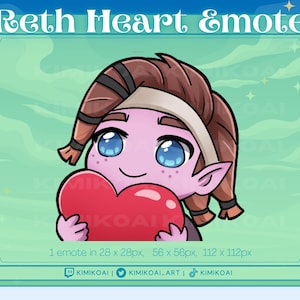 May include: Digital illustration of a pink character with blue eyes, holding a red heart. The character has brown hair and pointed ears. The image includes the text "Reth Heart & Emote". The image is framed in a teal border with a cloudy sky background.