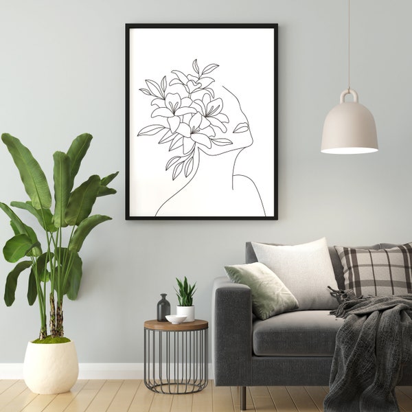 Head of Flowers Art, Flower Head Poster, Women Body Line Art, Line Drawing Women Print, Female Line Art, Wall Art Sketch Women, Illustration