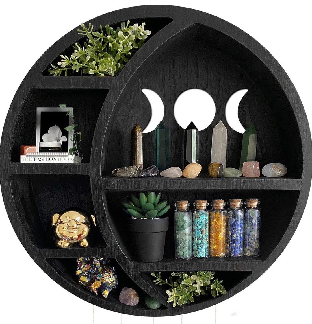 Large 16 Inch Crescent Moon Shelf Black, Crystal Shelf, Crystal Wall