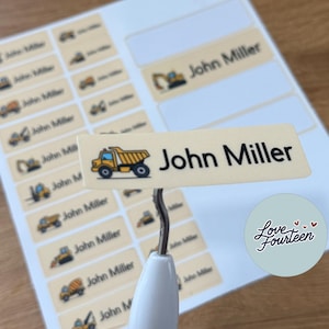 Construction Name Labels for Kids – Custom Waterproof Stickers – Daycare & School – Starter or Standard Pack with Iron-On Name Tag Option