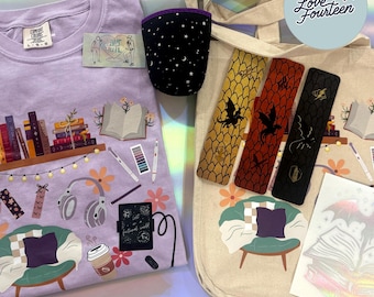 Book Lover Gift Set – Curated Bookish Bundle (Shirt,Tote Bag, Bookmark, Vinyl Decal, Drink Sleeve) – Exclusive Reader Collector Box