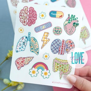 Peut inclure: Une feuille d'autocollants illustrant des organes humains colorés, notamment le cerveau, le cœur, les poumons, les reins, le foie, les intestins et un arc-en-ciel. Les autocollants sont décorés de motifs floraux et d'autres designs mignons. La feuille comprend également un pansement, un éclair, un stéthoscope et une pilule avec le texte "happy pill". La feuille est étiquetée "LoveFourteen" et "Copyright © LoveFourteen 2025".