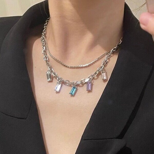 Double Layered Colored Metallic Diamond Stone Necklace