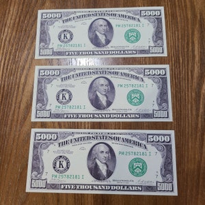 Set of 3/Set of 5 Laminated/Not Laminated 5000 Dollar Placeholder Bills, Prop Money, Sinking Funds, Cash Envelopes
