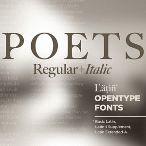 Może przedstawiać: Grafika przedstawiająca projekt czcionki o nazwie "Poets" w stylu regularnym i kursywnym. Czcionka jest opisana jako "Latin" i "OpenType Fonts". Tekst zawiera również listę obsługiwanych zestawów znaków: Basic Latin, Latin-1 Supplement i Latin Extended-A.