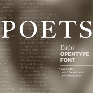 May include: A close-up of the word "POETS" in a white sans-serif font against a brown background. The text "Läţin OpenType Font" is also visible in the image. The font includes Basic Latin, Latin-1 Supplement, and Latin Extended-A characters.