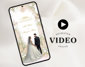White Nikkah Invitation Card Couple Illustration Video Muslim Wedding Invitation Digital White Cream Video Islamic Wedding Invitation