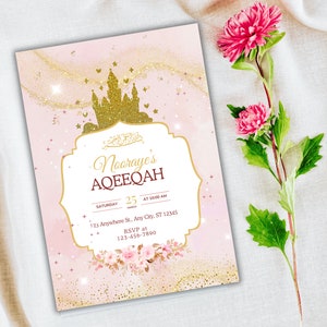 Invitación de Aqiqah rosa La princesa está aquí Descarga digital Invitación de Aqiqah de los principitos islámicos personalizada Invitación de anuncio de nacimiento rosa