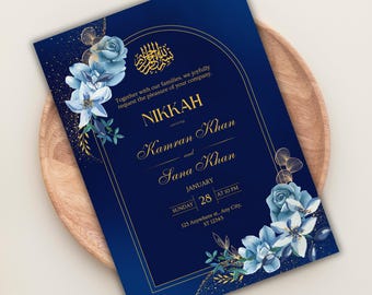 Navy Muslim Invitation Template Blue Nikkah Invitation Digital Navy Gold Muslim Wedding Invitation Nikah Invitation Editable Walima Ecard