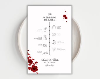 Floral Muslim Wedding Timeline Simple Muslim Wedding Detail Card Red Floral Nikkah Program Wedding Order Of The Day Wedding Itinerary